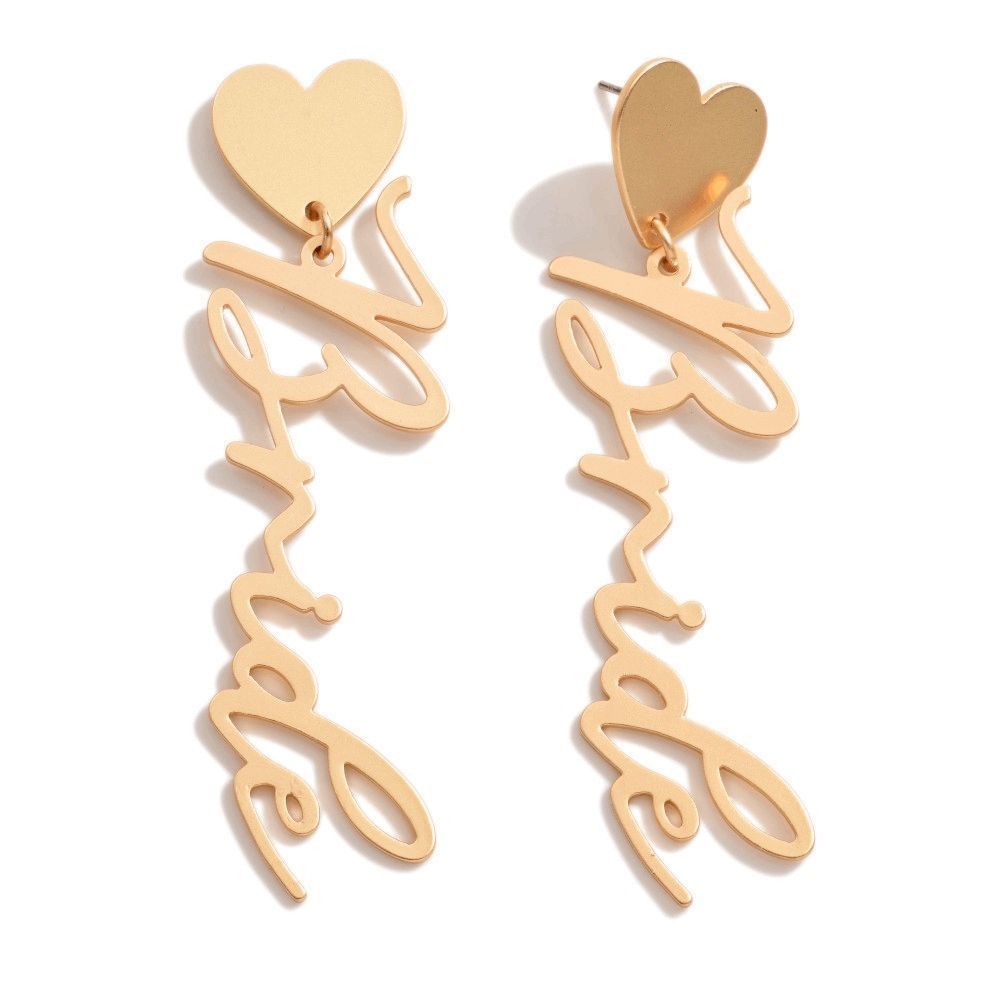 Gold Tone Metal Cursive "BRIDE" Drop Heart Earrings